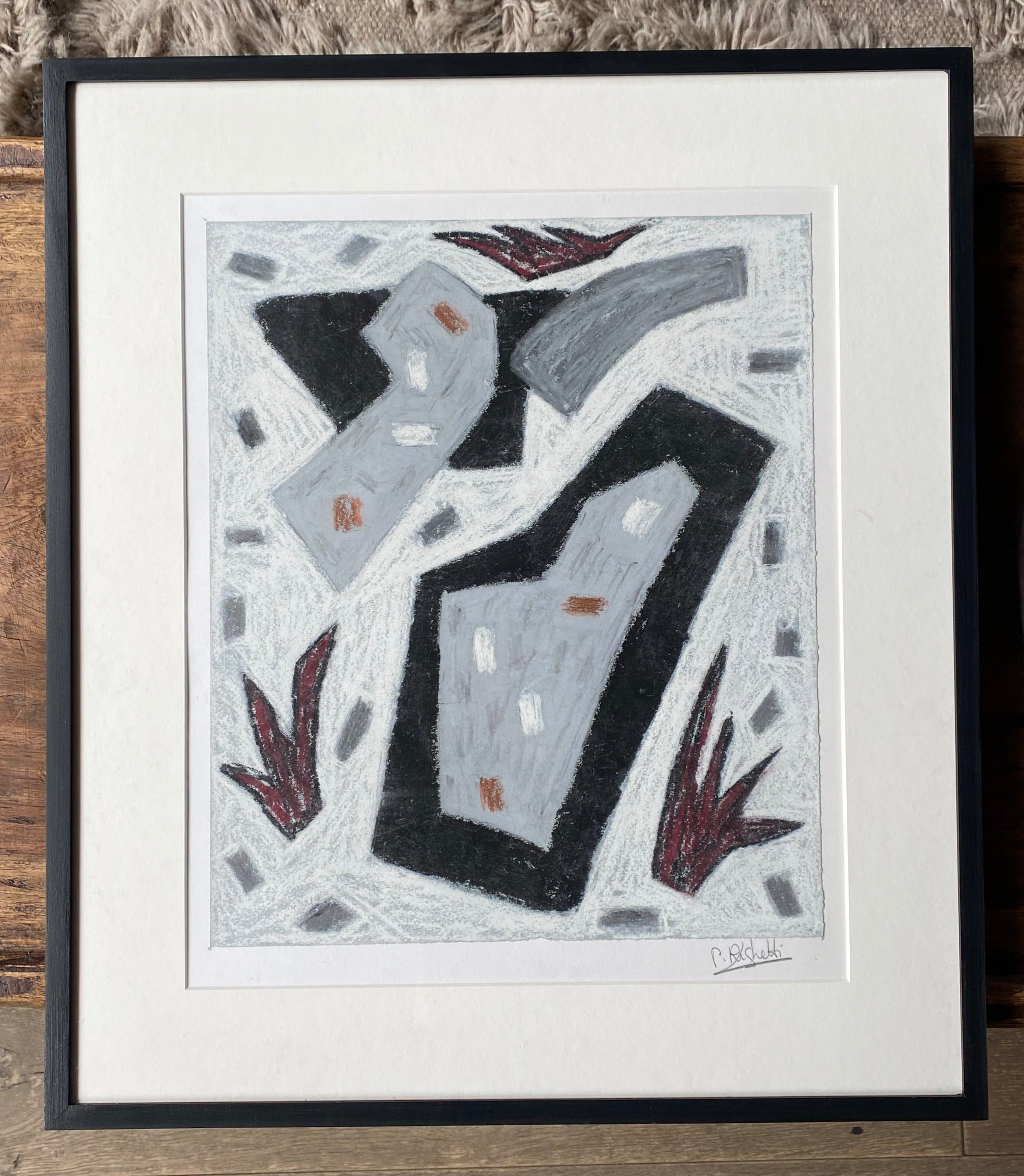 Framed Abstract Cubist Black and Gray Shapes on White