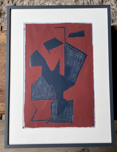 Framed Abstract Cubist Composition, Black on Red