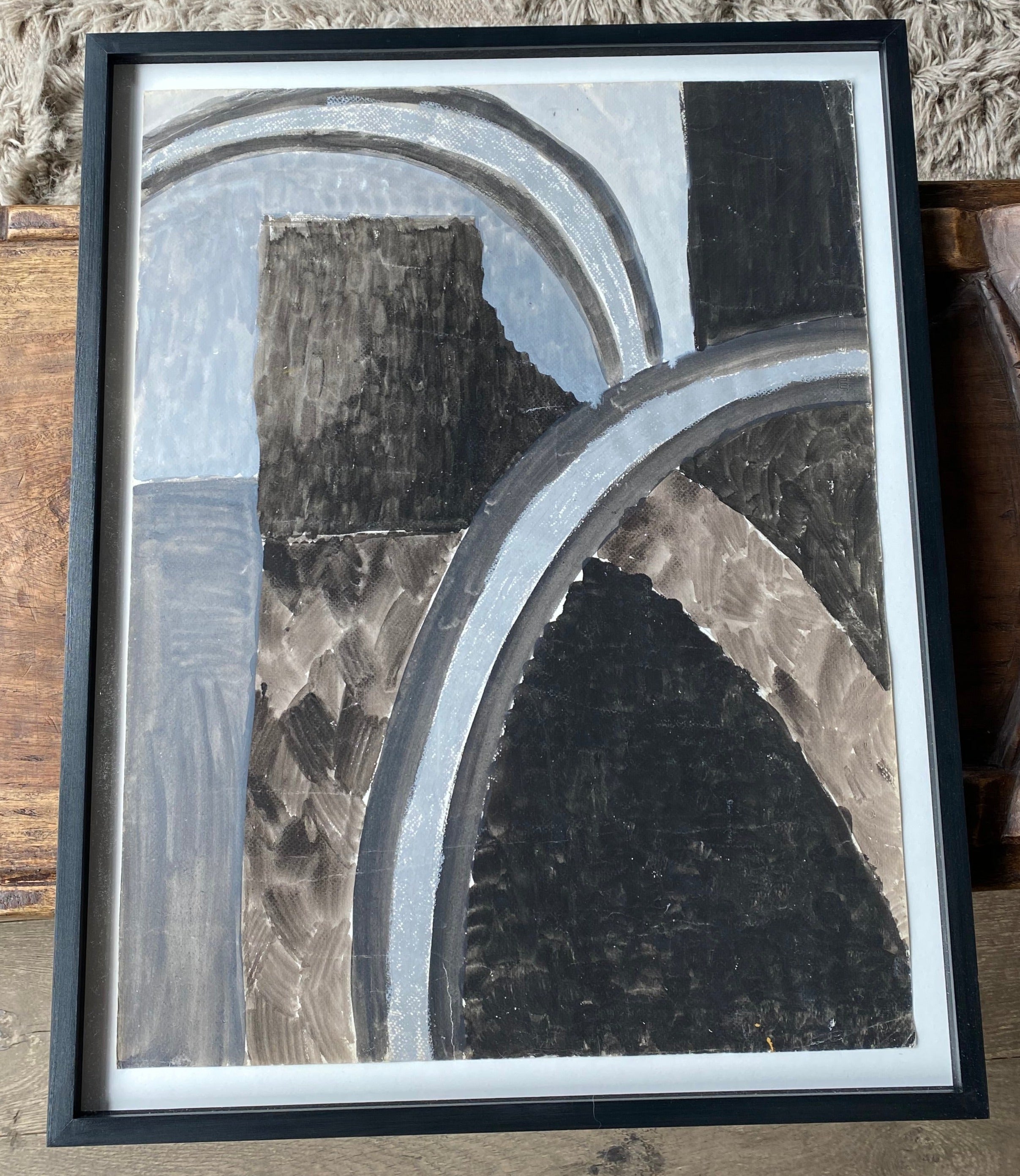Black Framed Large Grayscale Abstract Painting