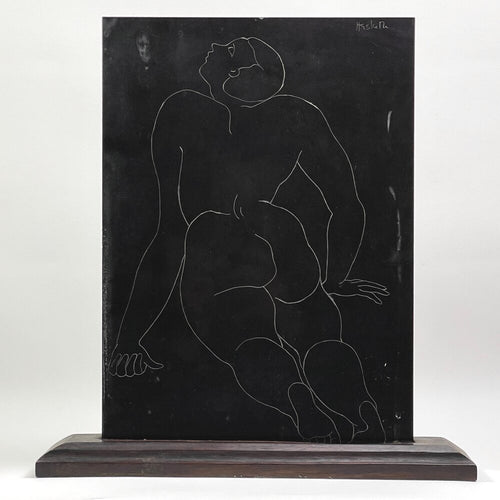 Figurative Etched Slate Slab with Hand Carved Wood Stand, Signed