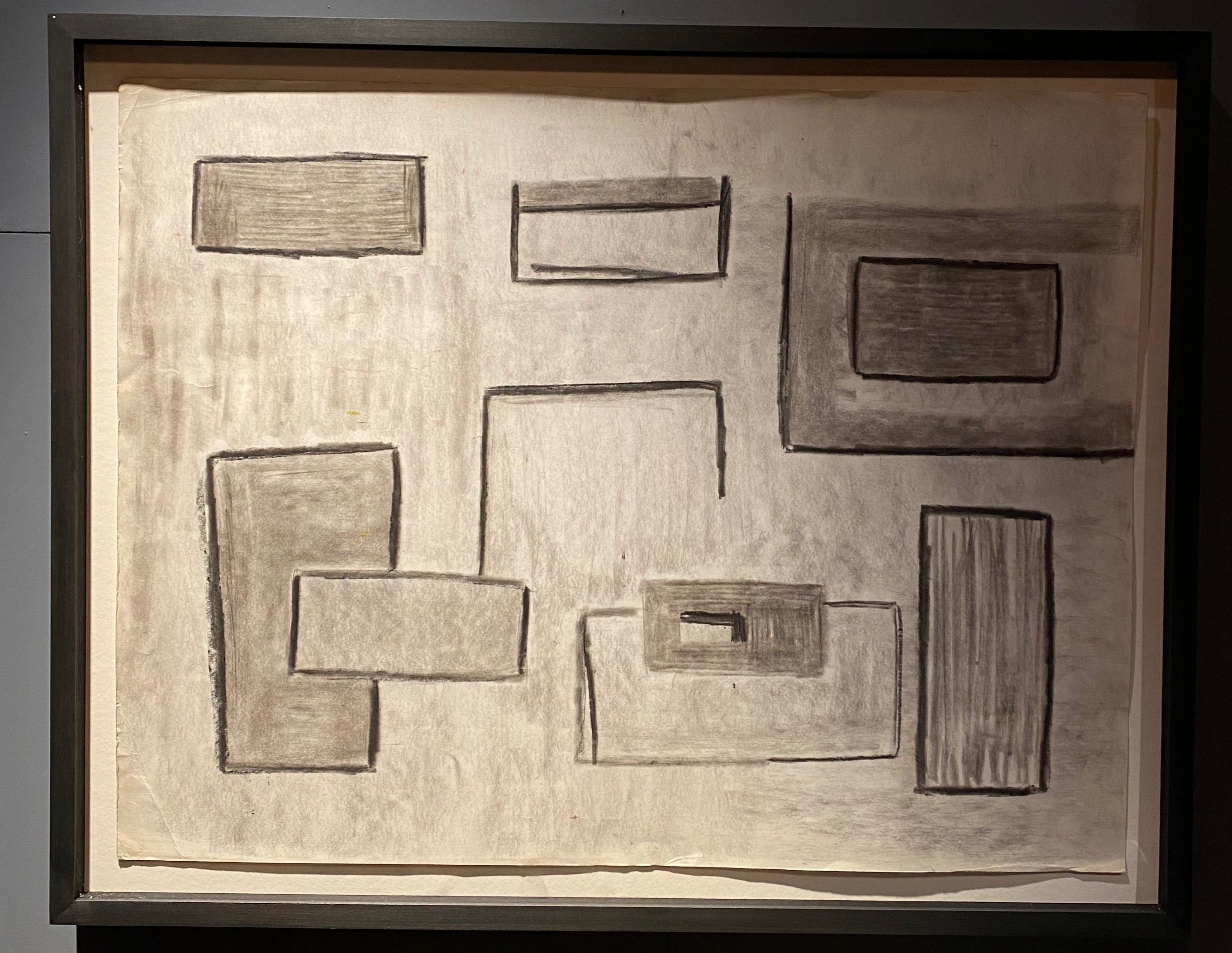 Black Framed Gray Squares, Cubist Abstract Drawing