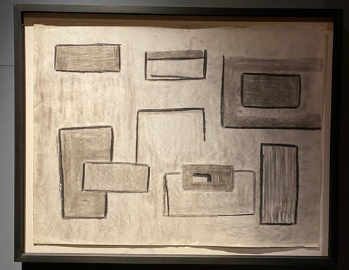 Black Framed Gray Squares, Cubist Abstract Drawing