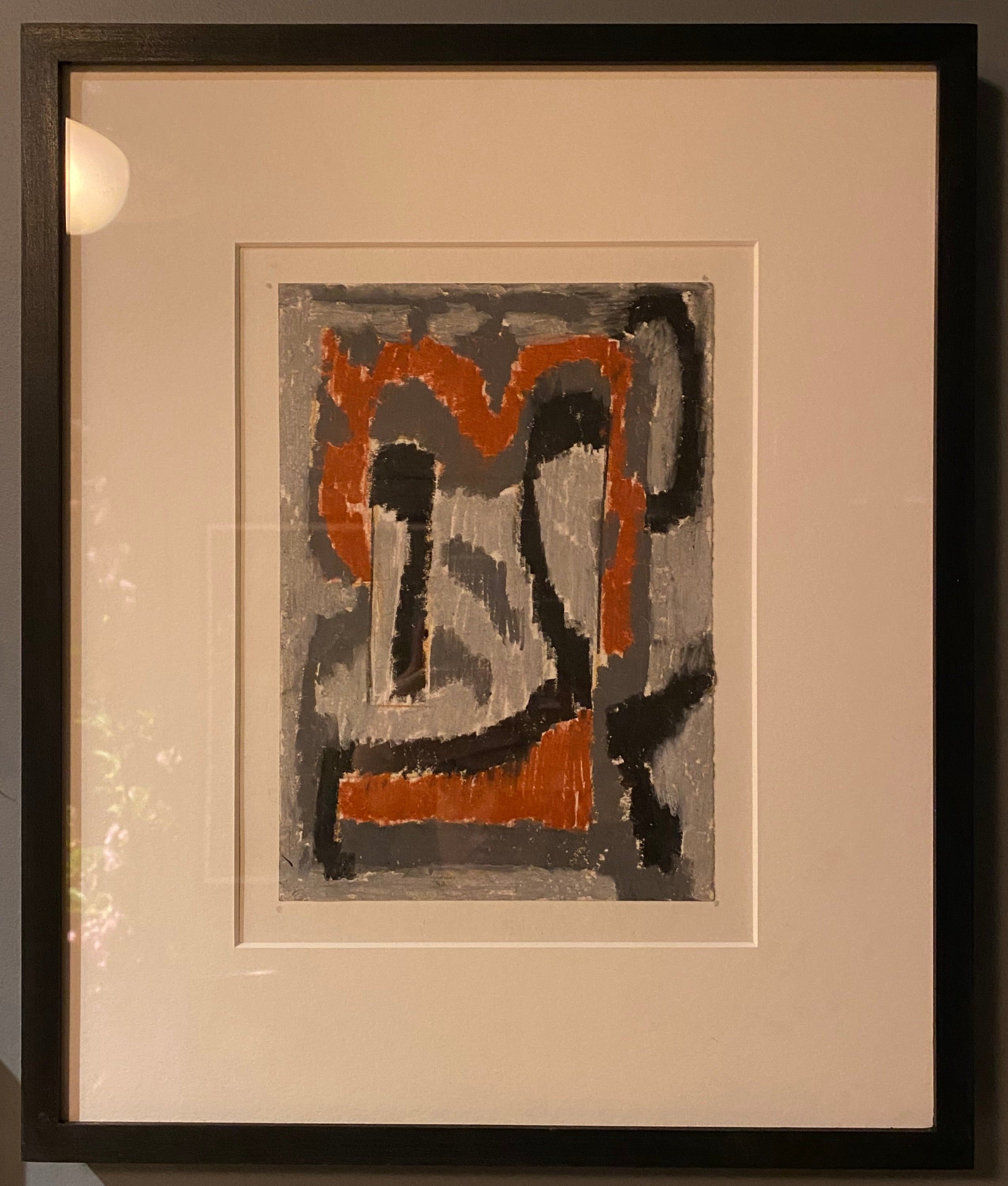 Framed Gray, Black, Red Abstract Cubist Drawing 4