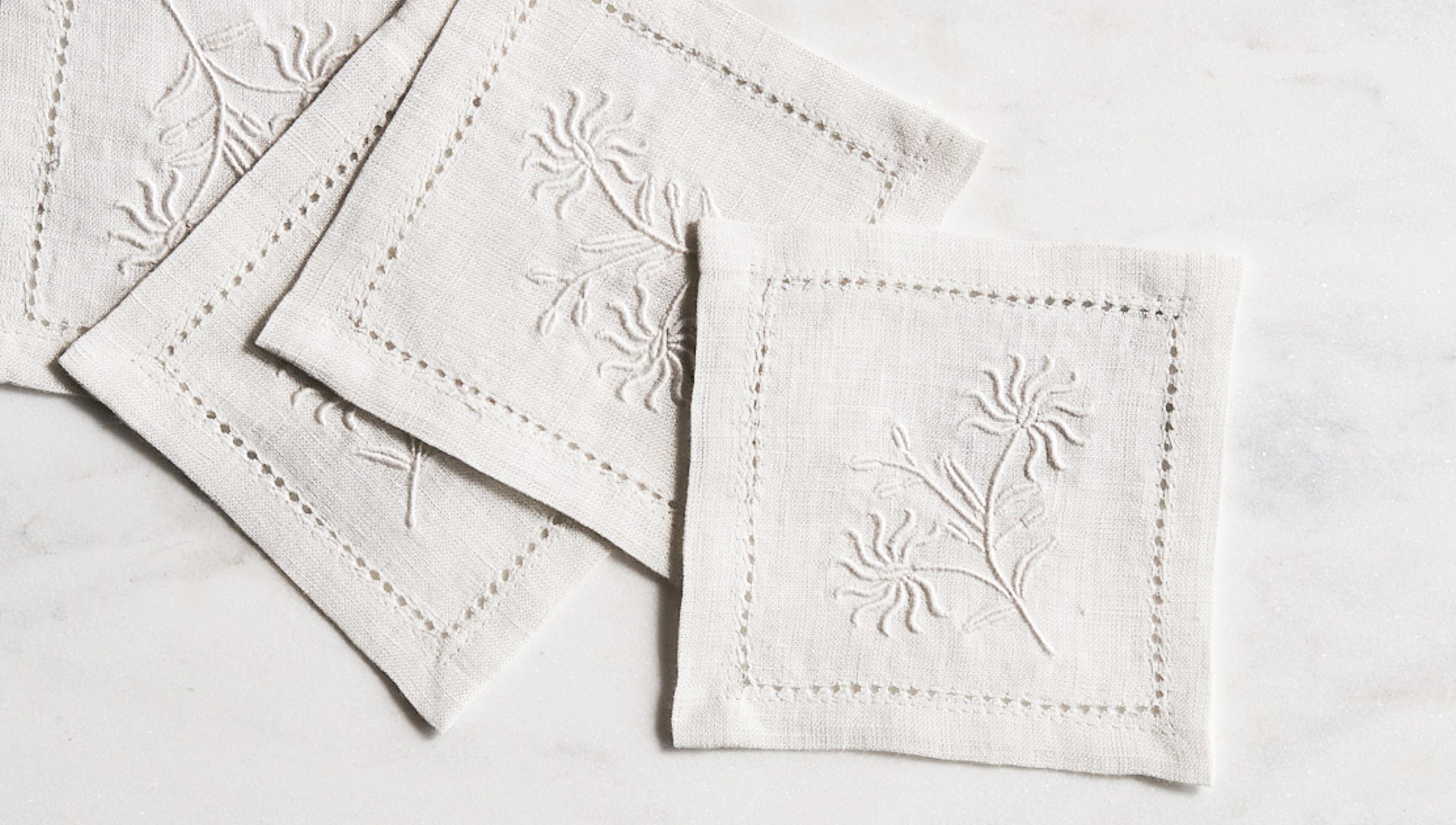 Linen Cocktail Napkin with Floral Embroidery | White Cocktail Napkins ...